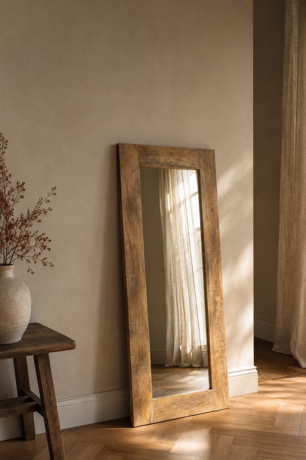 Miroir rustique en bois de manguier 50x110 cm, Poli, peint et laqué, grain naturel visible. Vue d'ensemble.