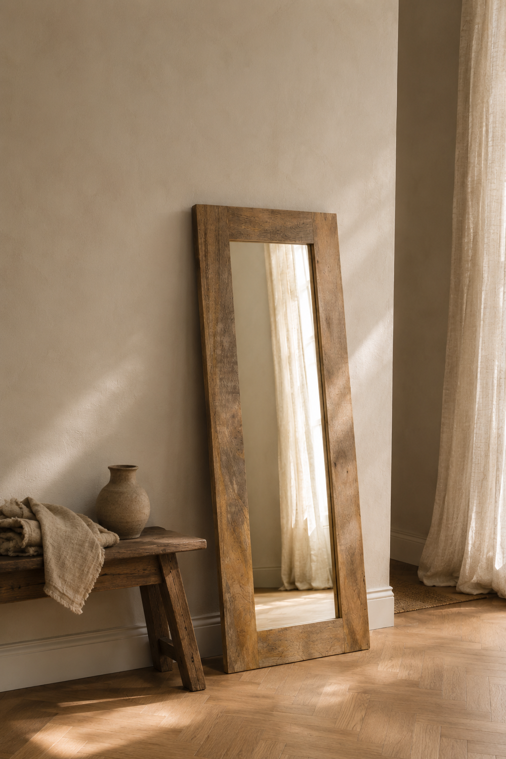 Miroir rustique en bois de manguier 50x110 cm, Poli, peint et laqué, grain naturel visible. Présenté avec un objet de référence pour l'échelle.