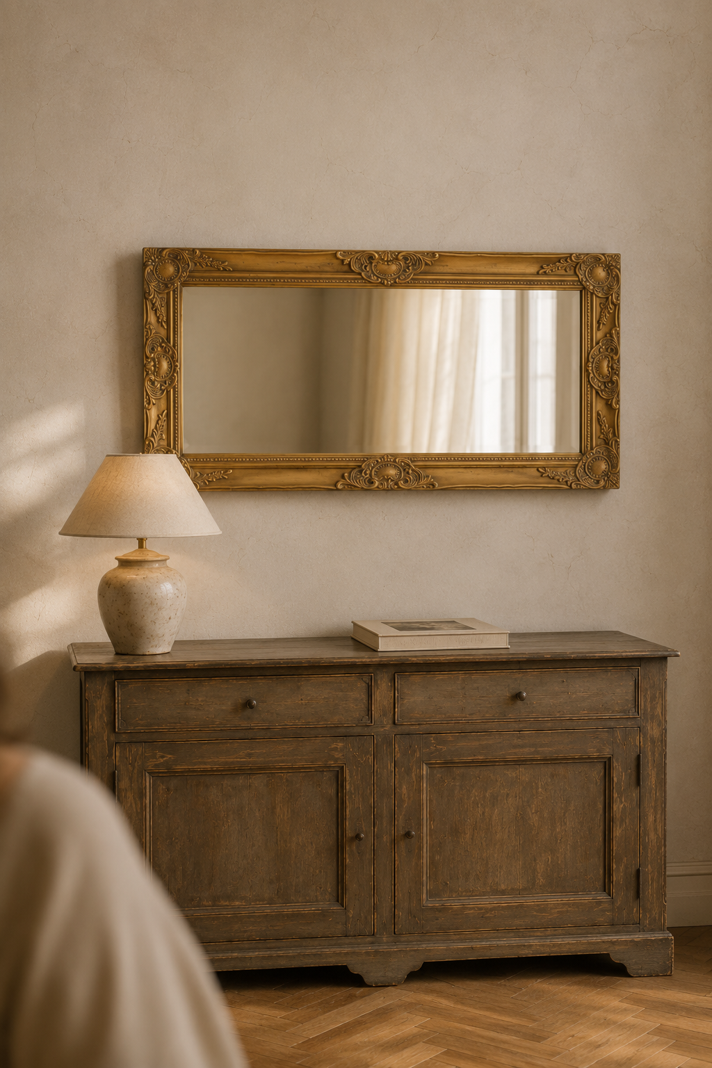 Cadre baroque doré, horizontal 100×50 cm. Présenté avec un objet de référence pour l'échelle.
