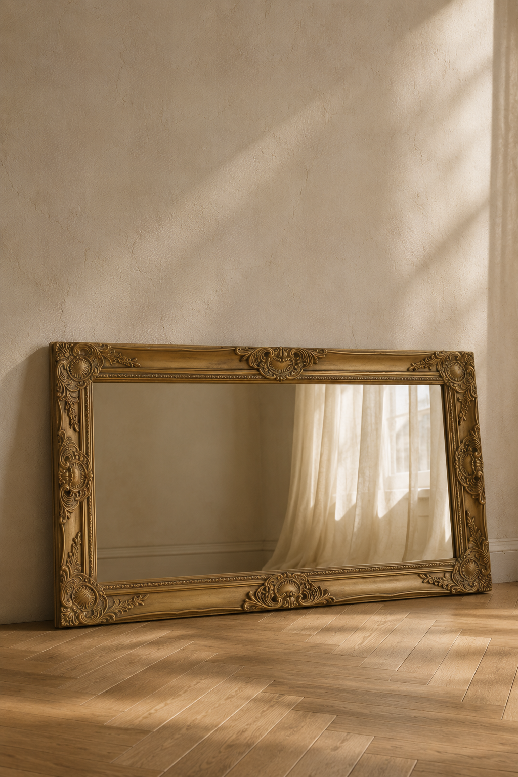 Cadre baroque doré, horizontal 100×50 cm. Vu de l'arrière ou en cours d'installation.