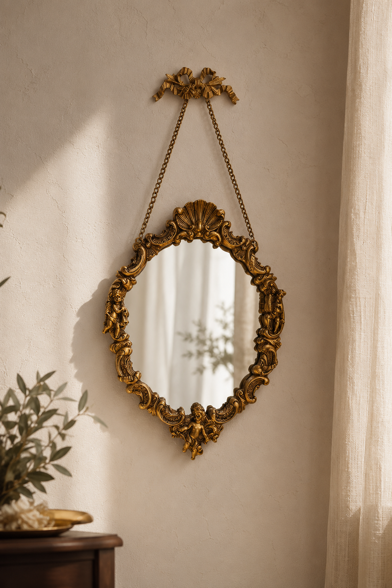 Ovale baroque doré à angelots 26×38 cm, Doré antique brossé. Vue d'ensemble.
