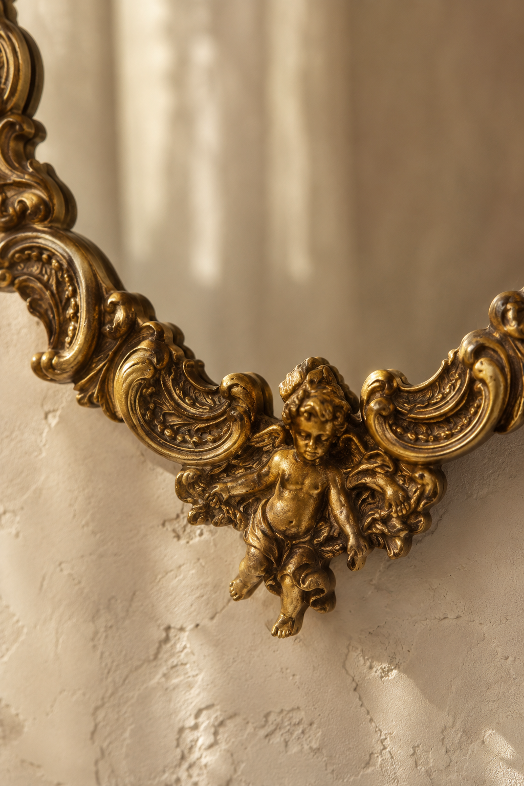 Ovale baroque doré à angelots 26×38 cm, Doré antique brossé. Détail du cadre en gros plan.