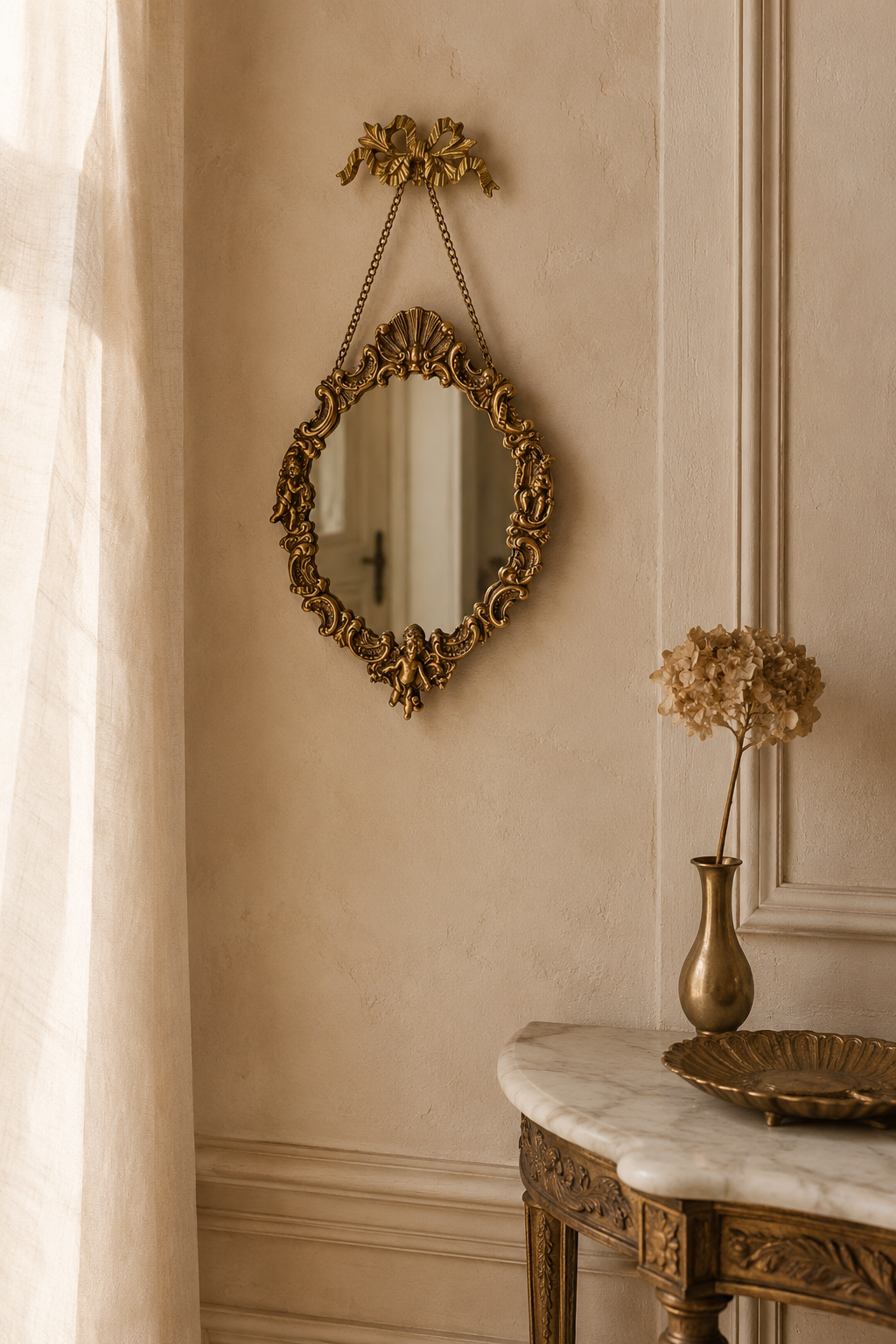 Ovale baroque doré à angelots 26×38 cm, Doré antique brossé. Présenté avec un objet de référence pour l'échelle.