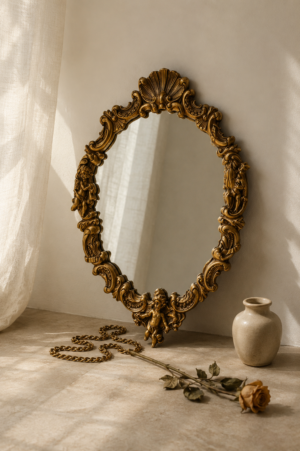 Ovale baroque doré à angelots 26×38 cm, Doré antique brossé. Vu de l'arrière ou en cours d'installation.