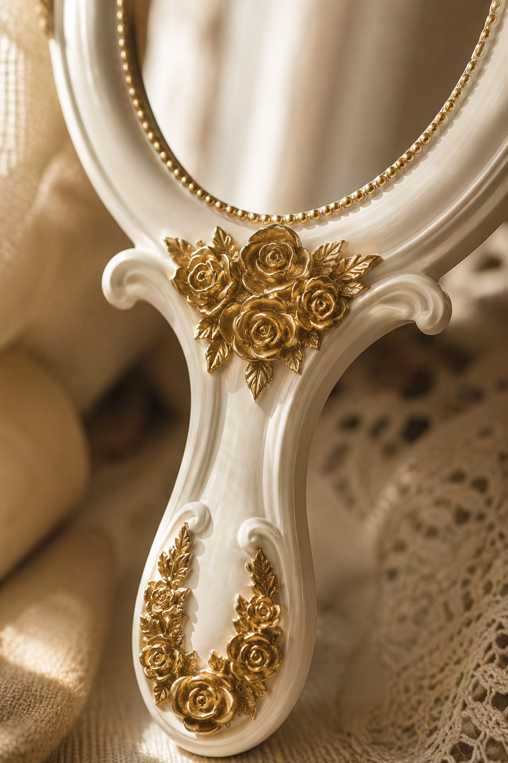 Miroir à main baroque roses dorées 11,5×25 cm, Roses en relief dorées sur fond teinté. Détail du cadre en gros plan.