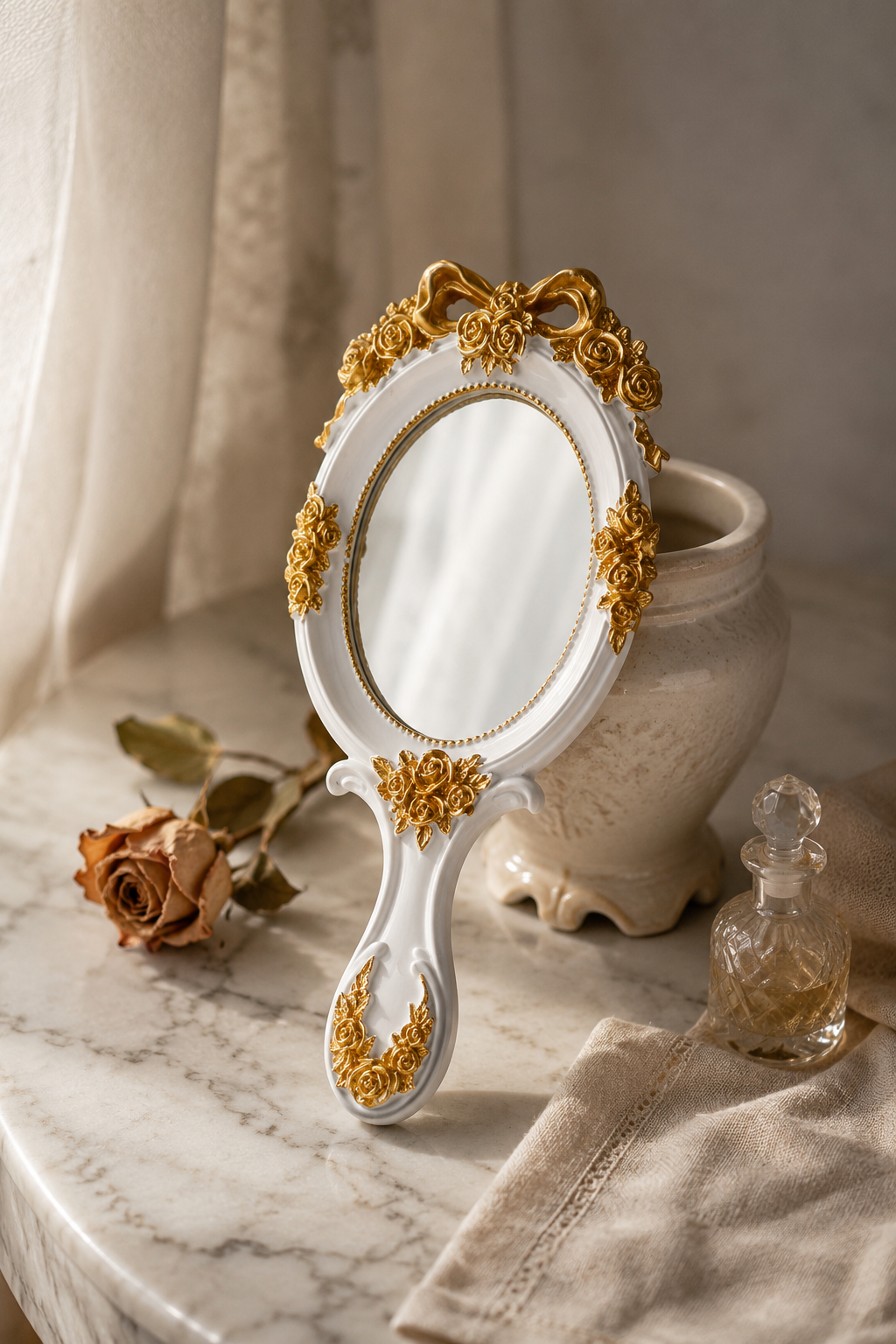 Miroir à main baroque roses dorées 11,5×25 cm, Roses en relief dorées sur fond teinté. Vu de l'arrière ou en cours d'installation.
