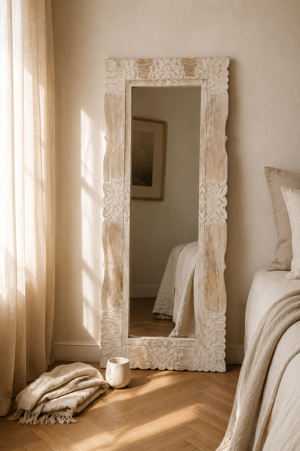Miroir sculpté en bois de manguier, blanchi 110×50 cm, Bois blanchi patiné, motifs floraux sculptés. Photo 5 sur 7.