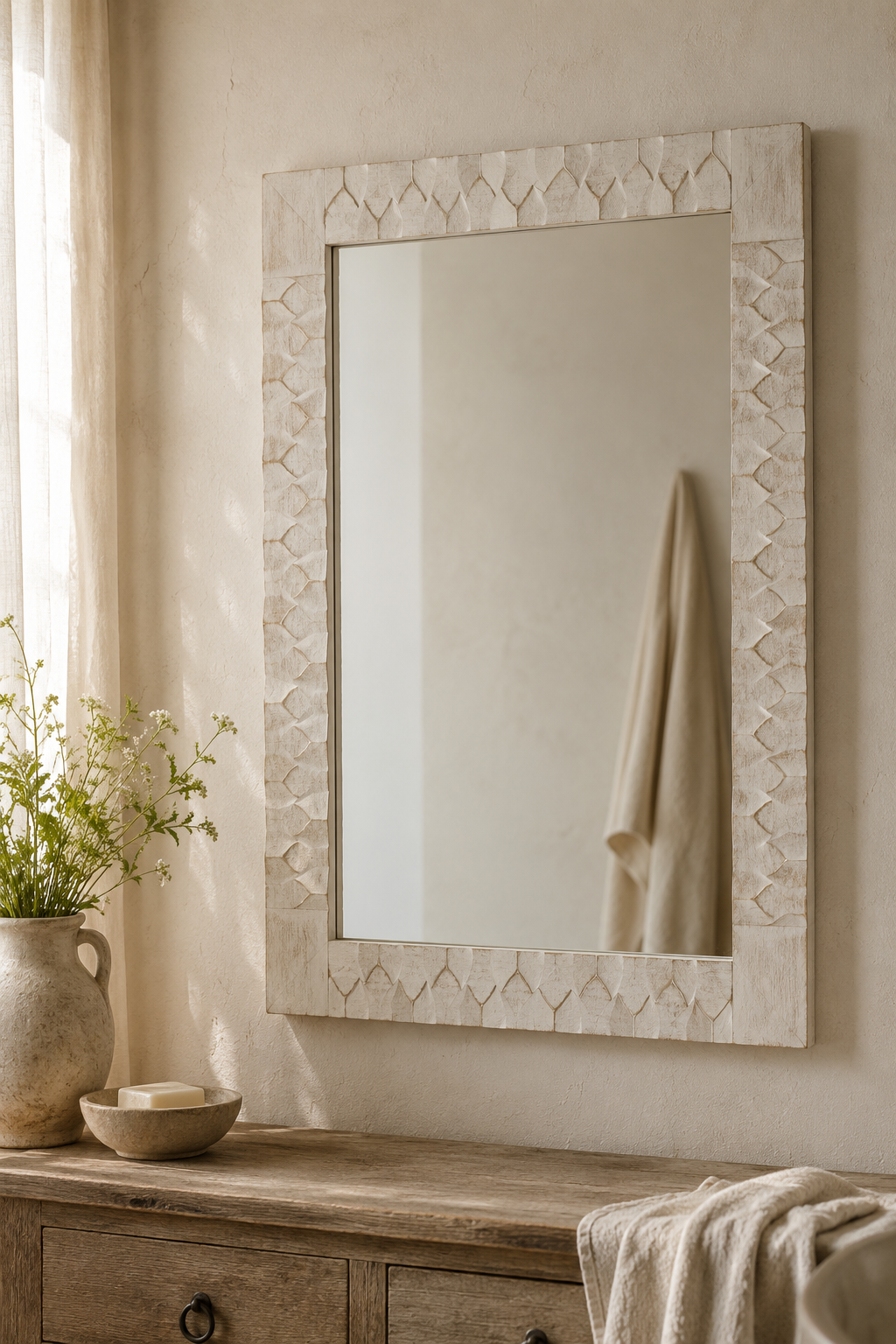 Miroir rectangulaire bois blanc lavé 50×70 cm, Bois blanc lavé, motif de losanges sculptés. Photo 1 sur 8.