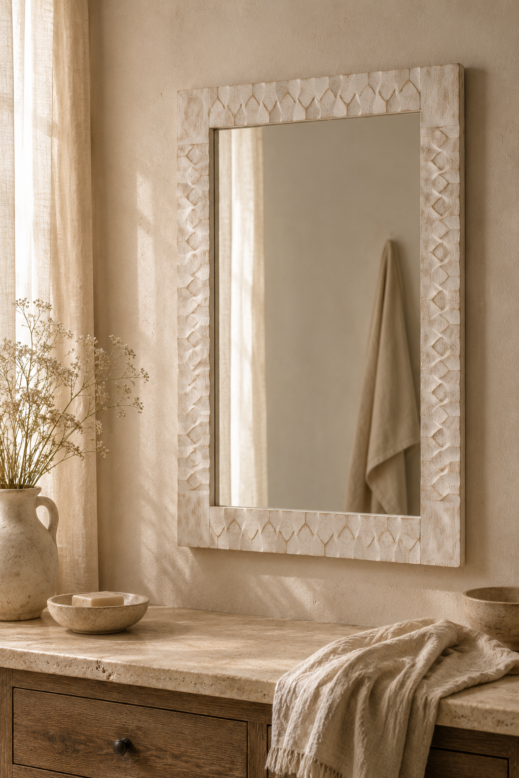 Miroir rectangulaire bois blanc lavé 50×70 cm, Bois blanc lavé, motif de losanges sculptés. Photo 3 sur 8.