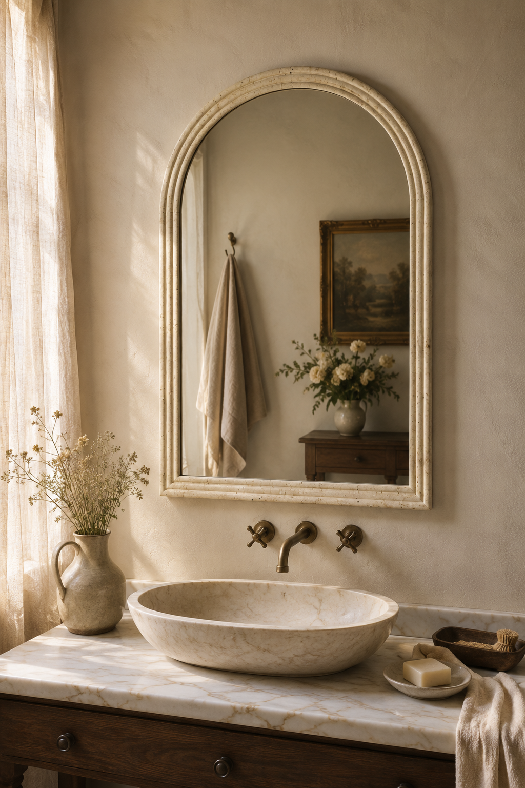 Miroir arqué façon pierre, crème 50×70 cm, Crème patiné, profil arqué à trois niveaux. Détail du cadre en gros plan.
