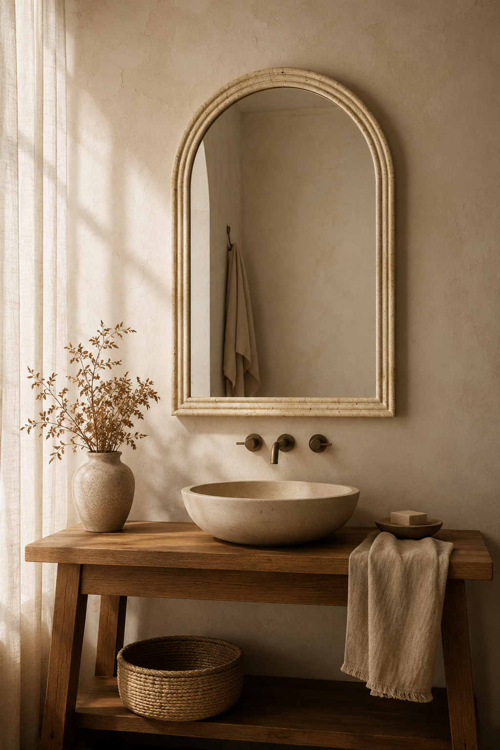 Miroir arqué façon pierre, crème 50×70 cm, Crème patiné, profil arqué à trois niveaux. Présenté avec un objet de référence pour l'échelle.