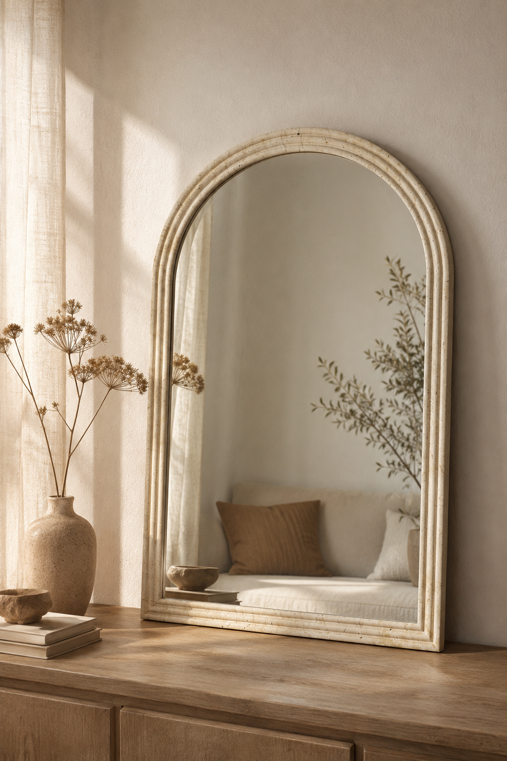Miroir arqué façon pierre, crème 50×70 cm, Crème patiné, profil arqué à trois niveaux. Vu de l'arrière ou en cours d'installation.