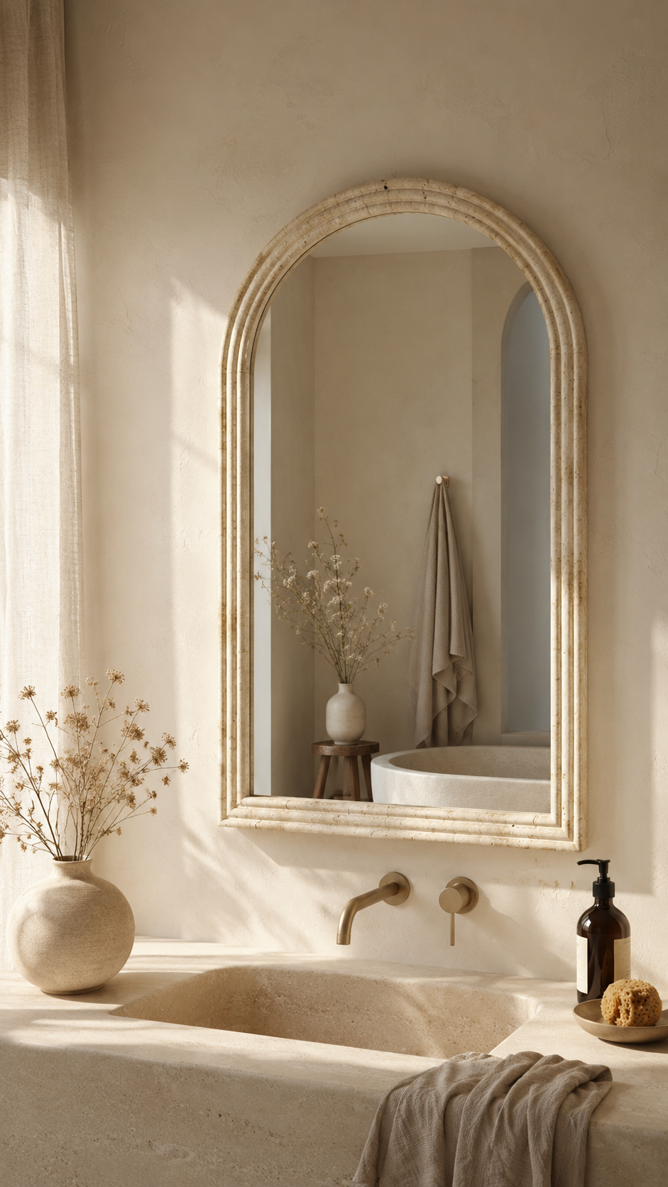 Miroir arqué façon pierre, crème 50×70 cm, Crème patiné, profil arqué à trois niveaux. Vue d'ensemble.