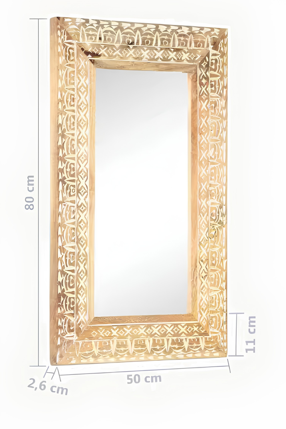 Miroir sculpté indien, bois et blanc usé, Motif gravé à la main, fond blanc usé. Photo 7 sur 7.