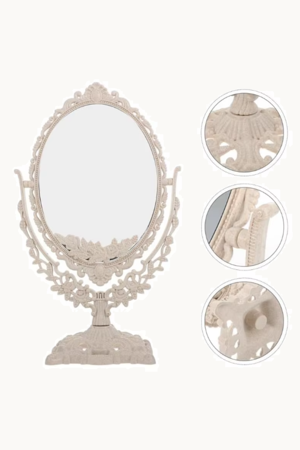 Miroir coiffeuse blanc ivoire, base sculptée basculante, Blanc ivoire, relief baroque sculpté. Photo 8 sur 8.