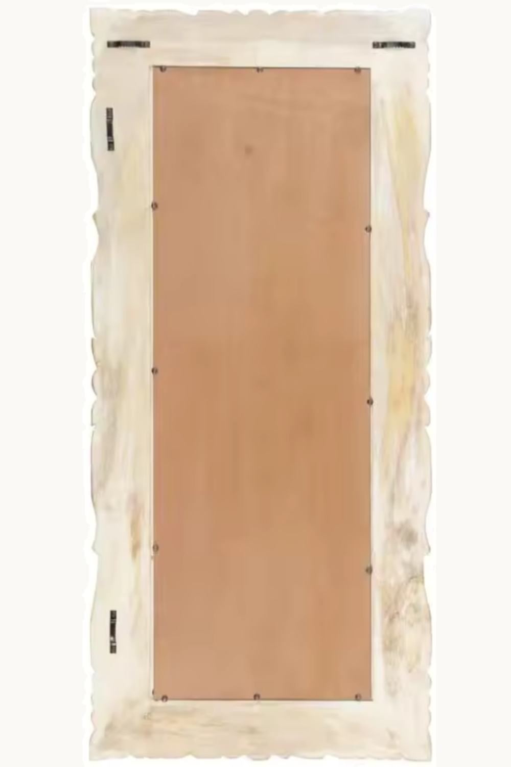 Miroir sculpté en bois de manguier, blanchi 110×50 cm, Bois blanchi patiné, motifs floraux sculptés. Photo 6 sur 7.