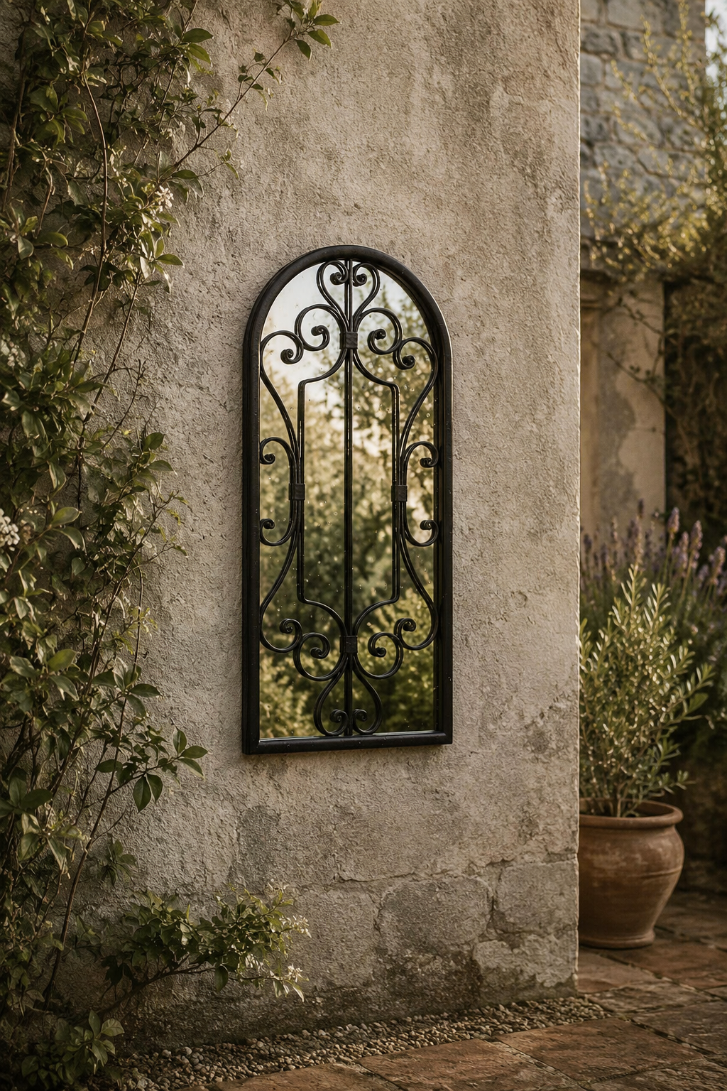 Arche en fer noir effet rouille, jardin 100×45 cm. Vue d'ensemble.