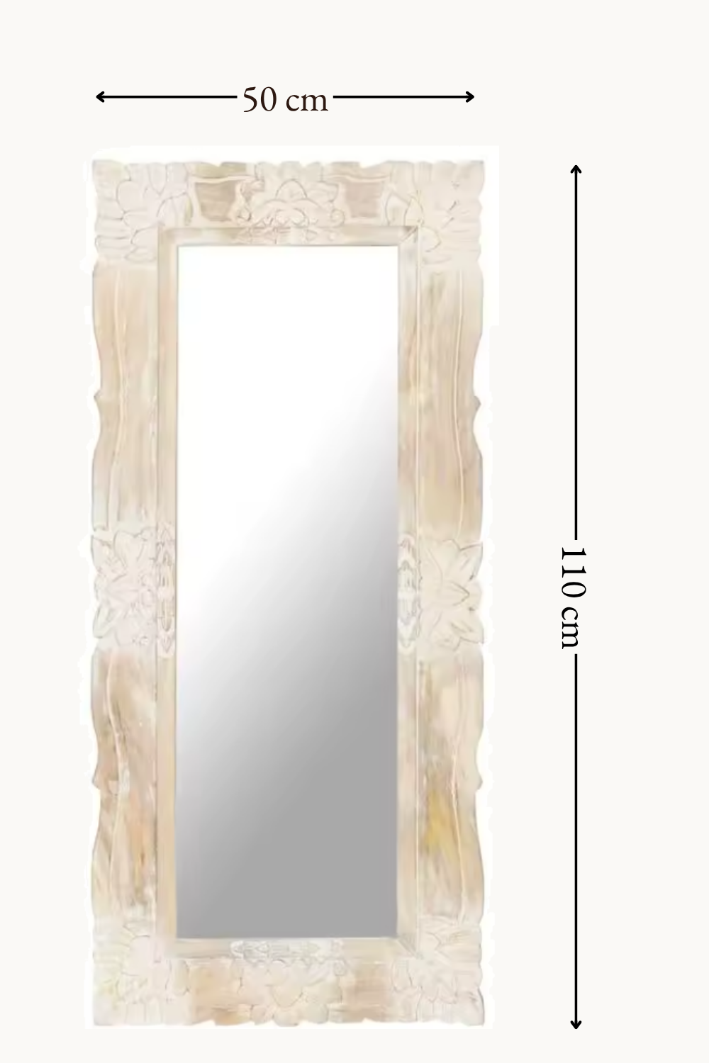 Miroir sculpté en bois de manguier, blanchi 110×50 cm, Bois blanchi patiné, motifs floraux sculptés. Photo 7 sur 7.