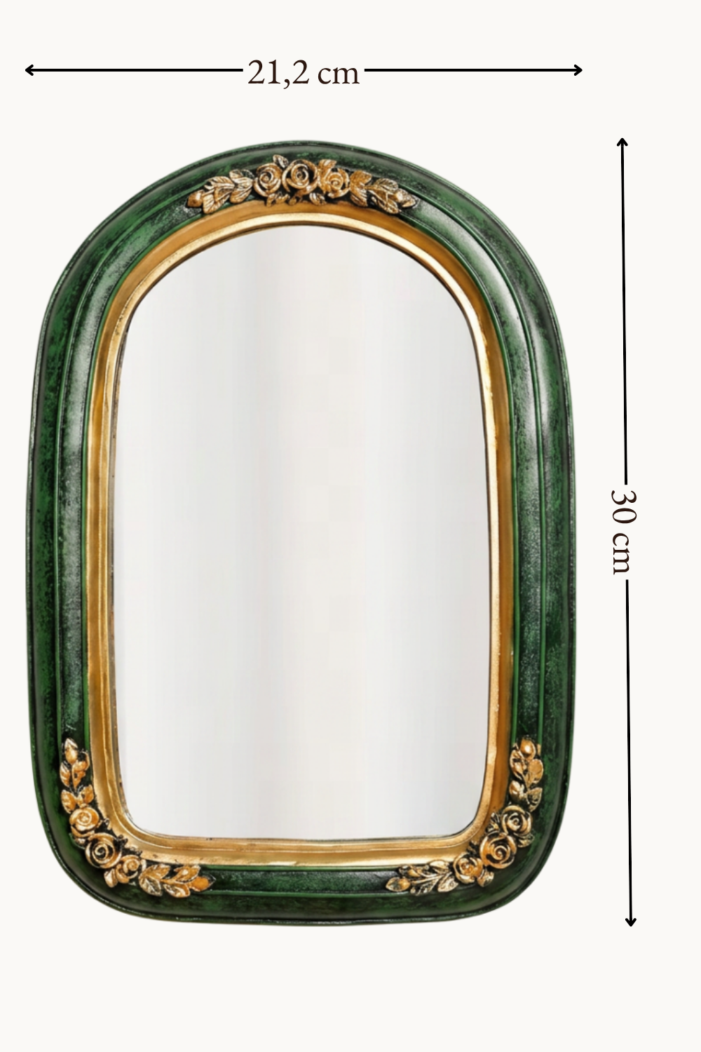 Miroir coiffeuse, vert bouteille et doré, schéma des dimensions de la taille L, 21,2 x 30 cm.