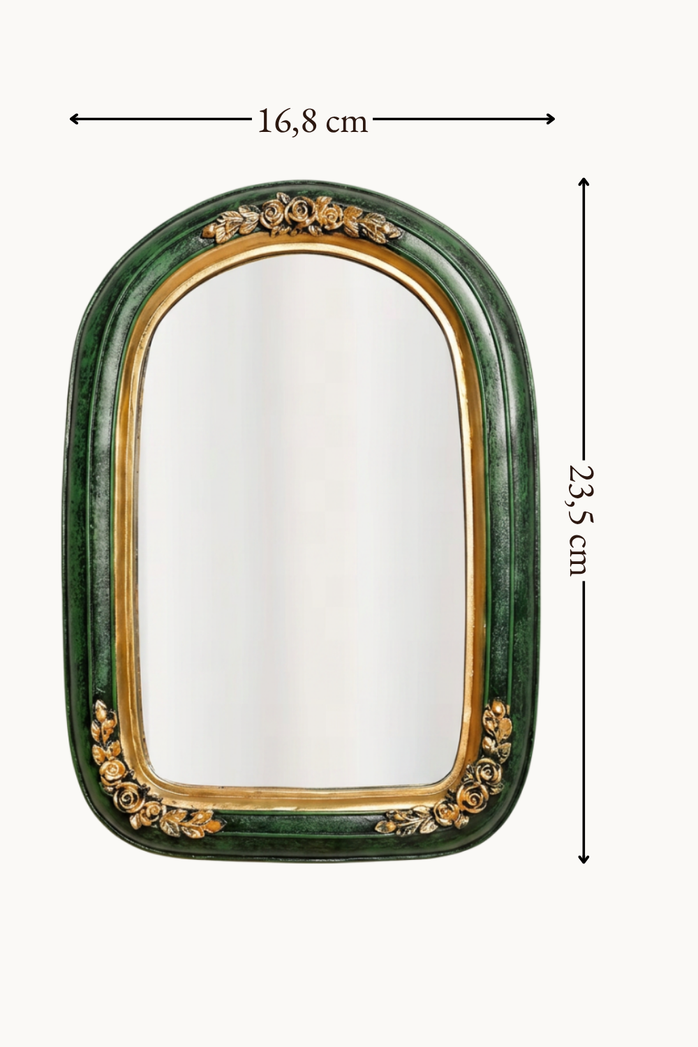 Miroir coiffeuse, vert bouteille et doré, schéma des dimensions de la taille M, 16,8 x 23,5 cm.