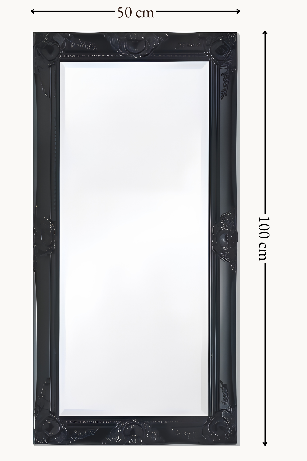 Miroir baroque noir 100x50 cm, Noir laqué, motif baroque sculpté. Installé dans un intérieur habité.
