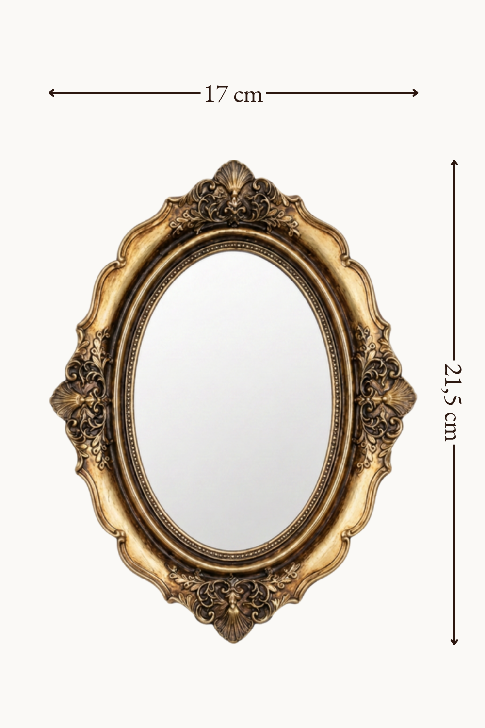 Miroir coiffeuse, baroque doré 17×21,5 cm, schéma des dimensions 17 x 21,5 cm.