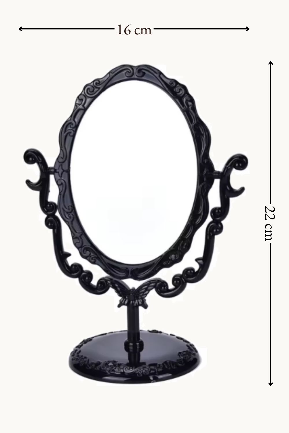 Miroir coiffeuse papillon, noir 22×16 cm. Installé dans un intérieur habité.
