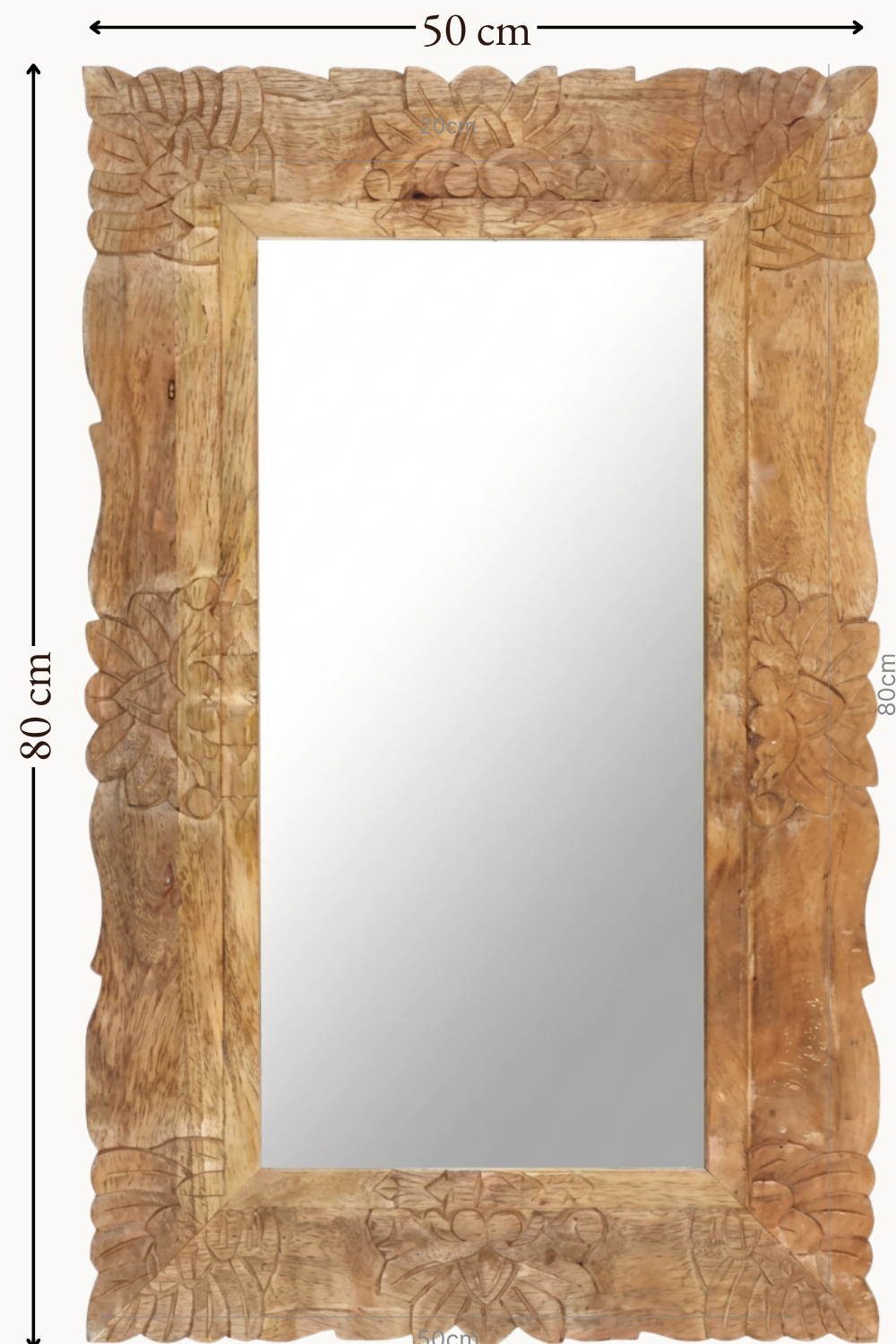 Miroir sculpté floral en bois de manguier 50x80 cm, Brut naturel, motif floral sculpté. Installé dans un intérieur habité.