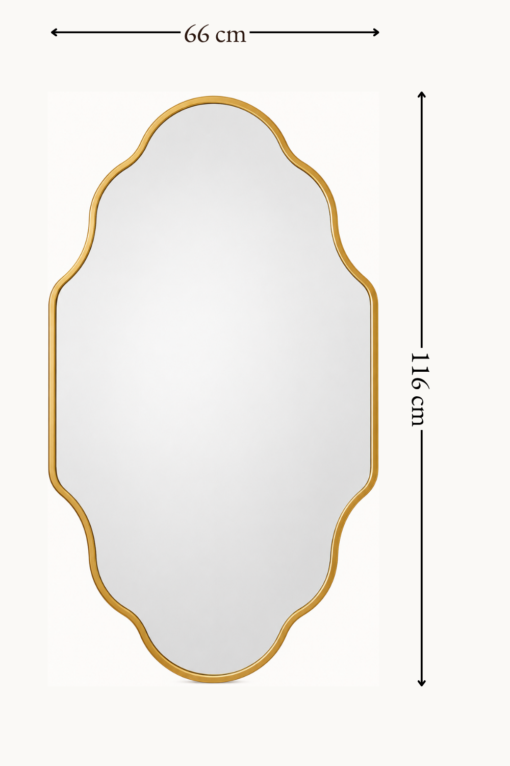 Miroir lanterne asymétrique 116×66 cm, Disponible en noir ou doré, silhouette galbée verticale. Installé dans un intérieur habité.