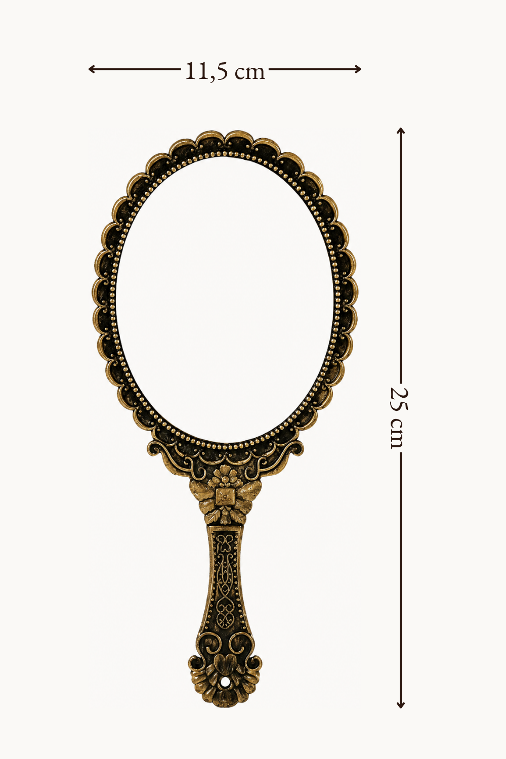 Miroir à main, noir baroque 11,5×25 cm, schéma des dimensions 11,5 x 25 cm.