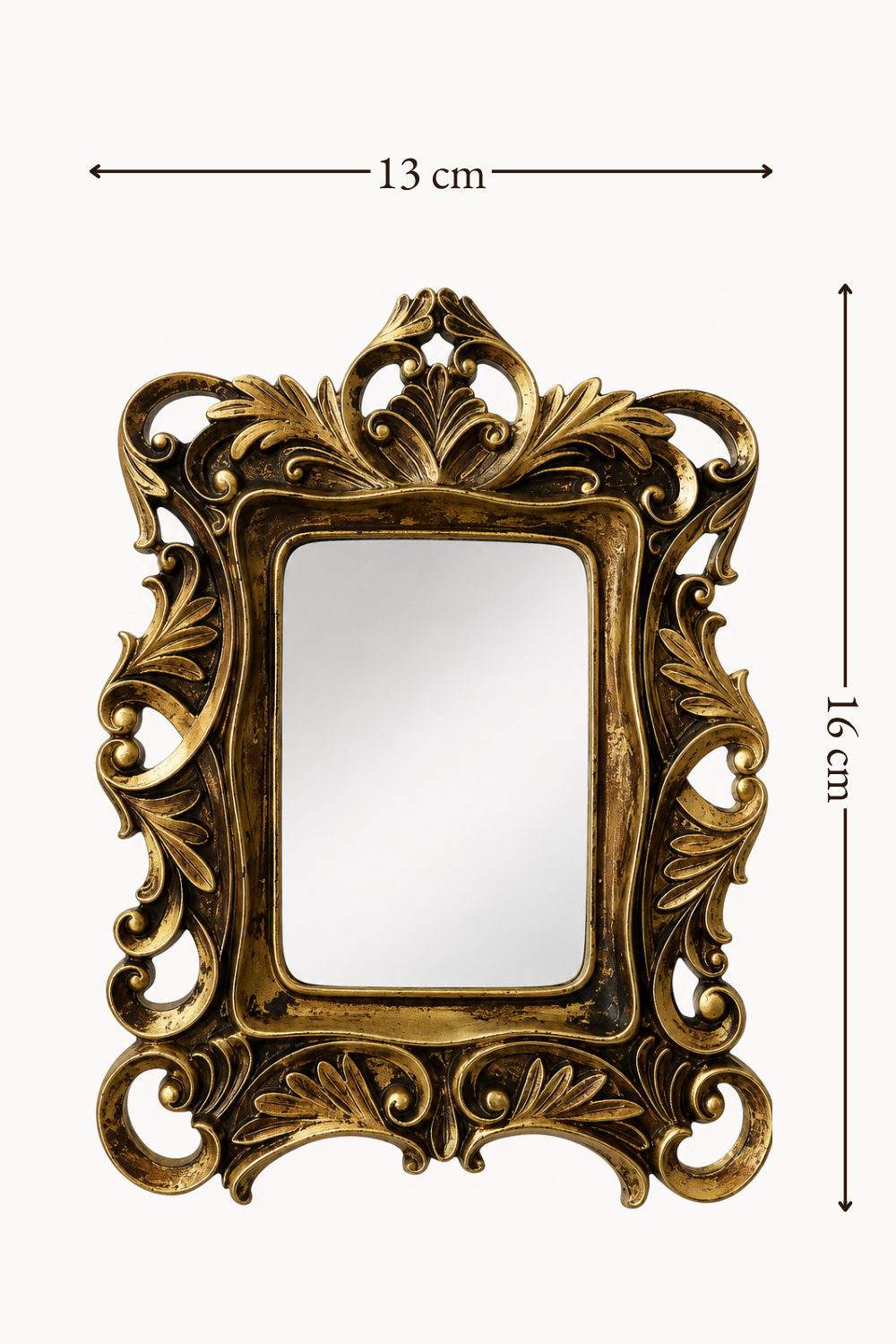 Miroir d'appoint, baroque doré 13×16 cm, schéma des dimensions 13 x 16 cm.
