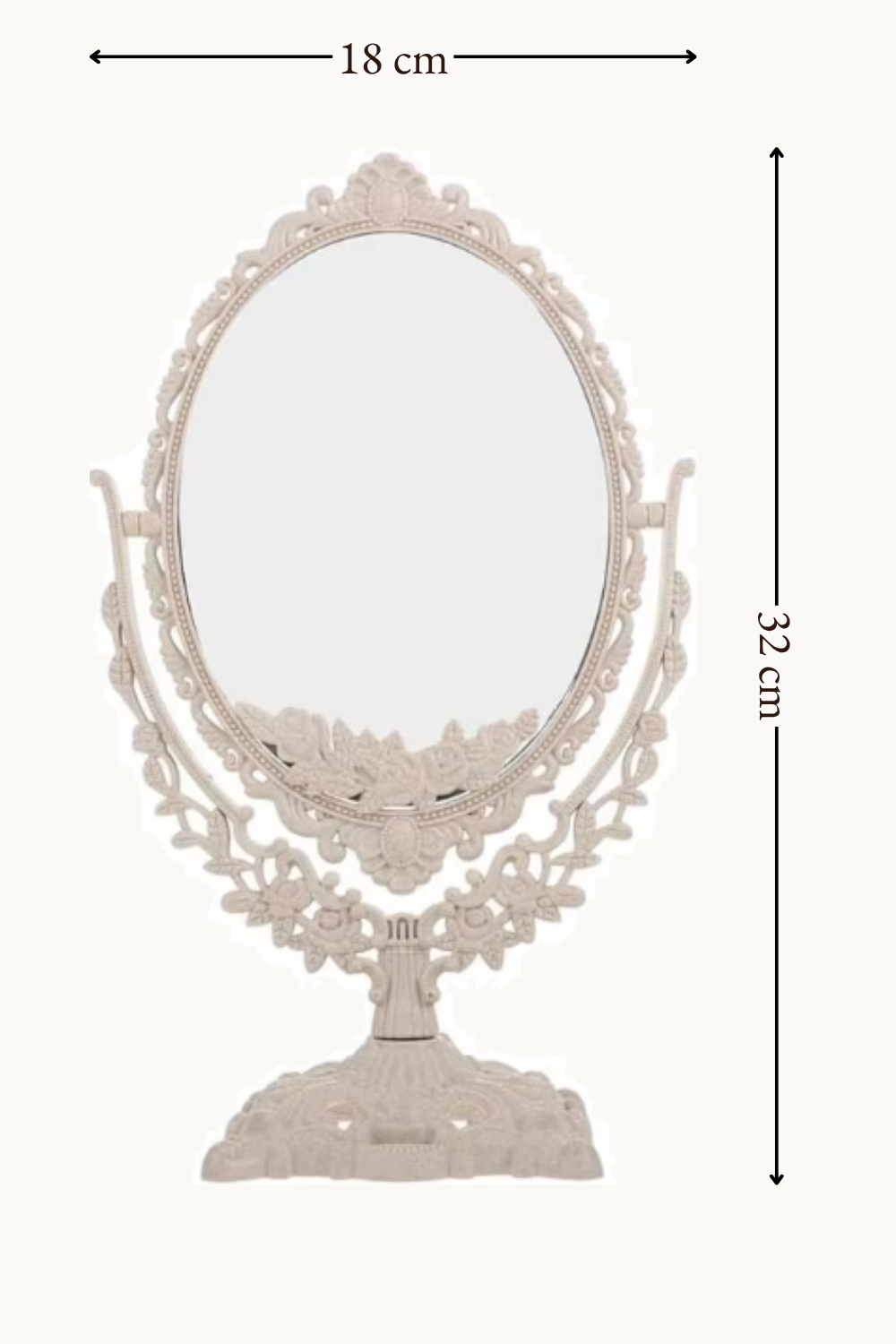 Miroir coiffeuse blanc ivoire, base sculptée basculante, Blanc ivoire, relief baroque sculpté. Photo 6 sur 8.
