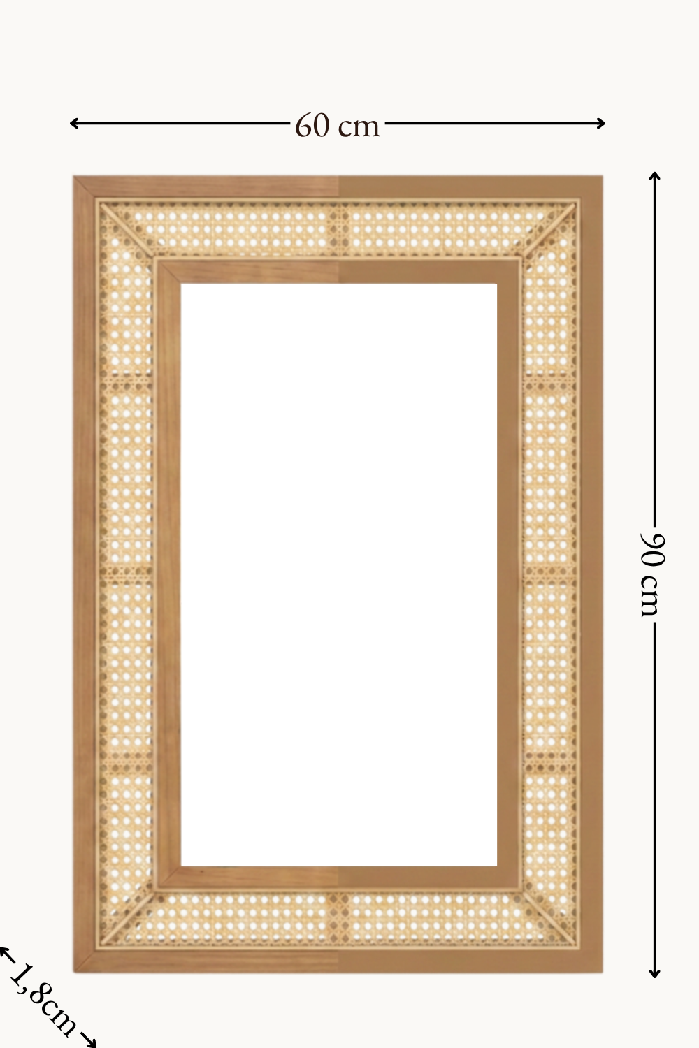 Miroir rectangulaire cannage effet rotin 90x60 cm, Bois naturel clair, motif cannage tressé. Installé dans un intérieur habité.