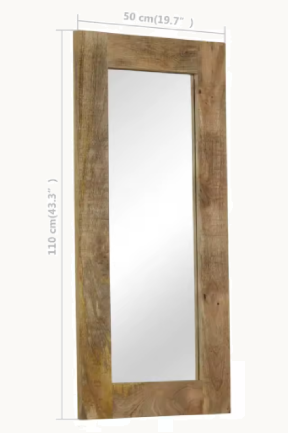 Miroir rustique en bois de manguier 50x110 cm, Poli, peint et laqué, grain naturel visible. Installé dans un intérieur habité.