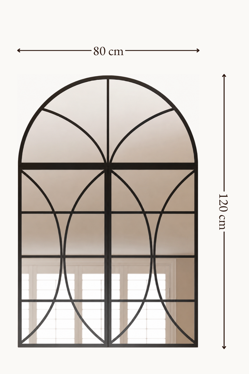 Schéma des dimensions de la verrière arquée noire : 80 cm de largeur, 120 cm de hauteur