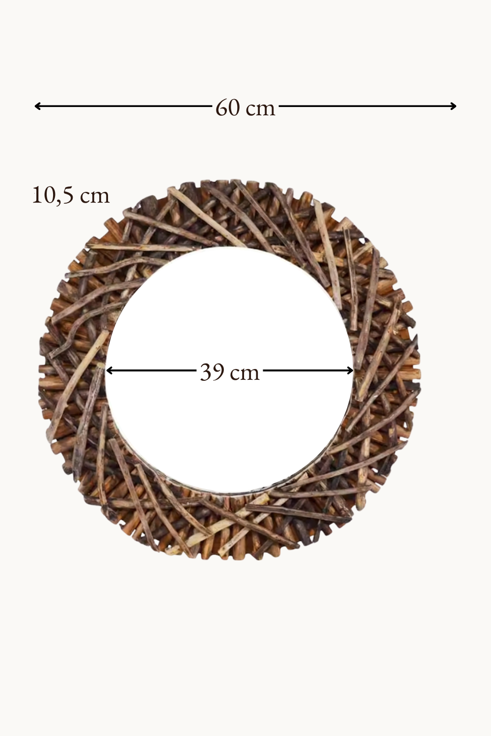 Miroir rond en branches de bois naturel 60 cm, Brut naturel, texture irrégulière. Installé dans un intérieur habité.