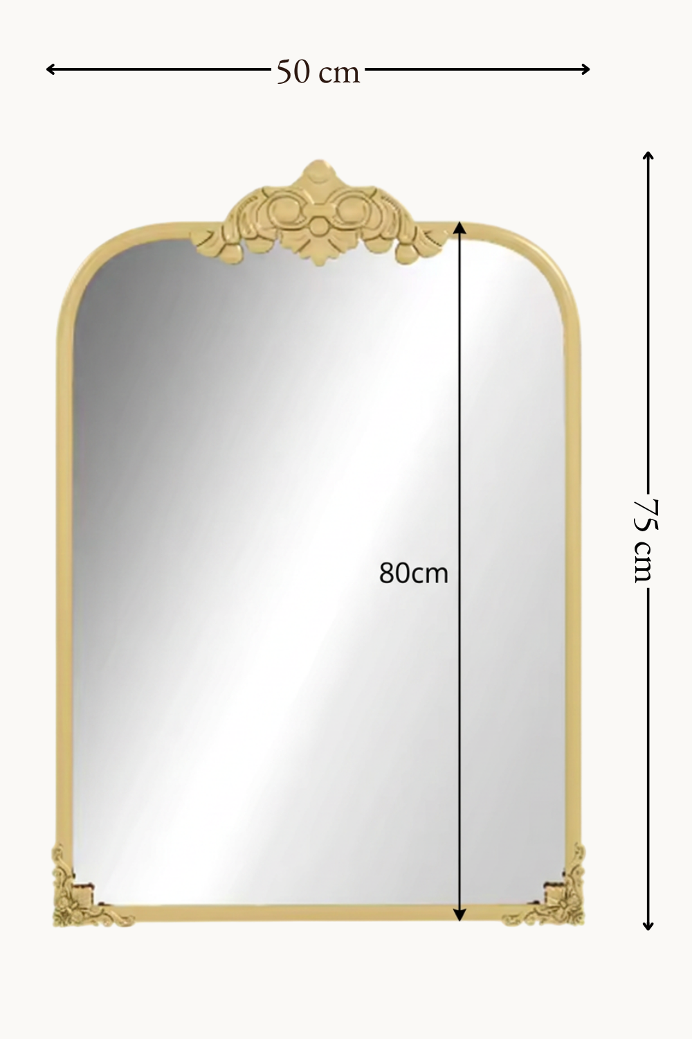 Miroir baroque arqué doré, fronton floral 60×87 cm, Laiton patiné antique (gris doré), roses sculptées en résine. Installé dans un intérieur habité.
