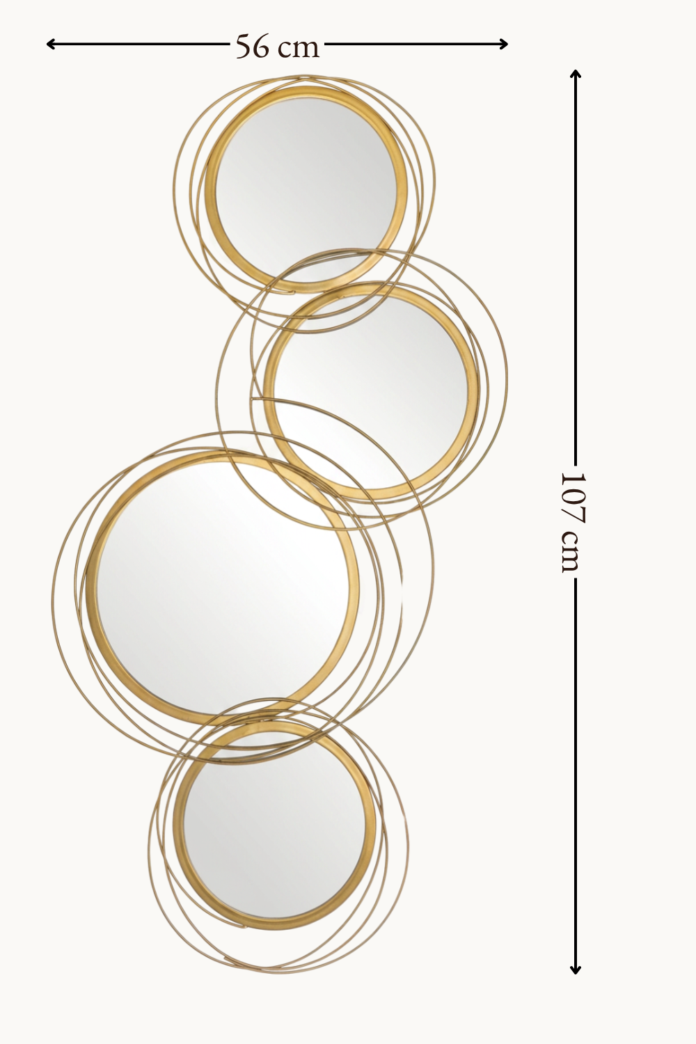 Miroir mural sculptural, cercles dorés entrelacés, Doré brillant, structure filaire à cercles multiples. Installé dans un intérieur habité.