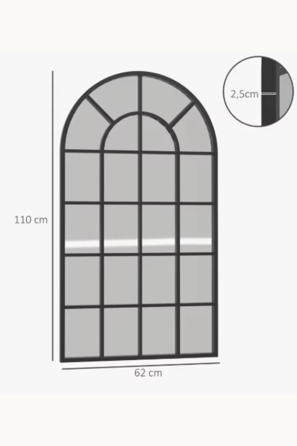 Miroir fenêtre arquée en métal noir 62x110 cm, Noir mat, structure quadrillée effet verrière. Installé dans un intérieur habité.