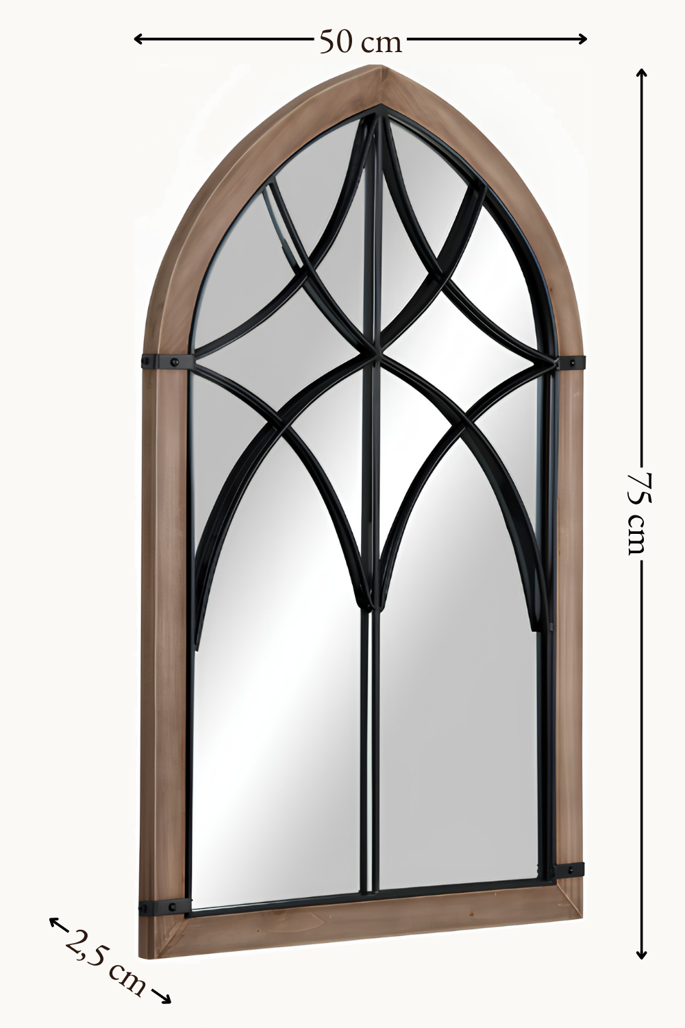 Miroir arche cathédrale, bois et ferronnerie noire, Marron bois et noir, ferronnerie ajourée en étoile. Installé dans un intérieur habité.