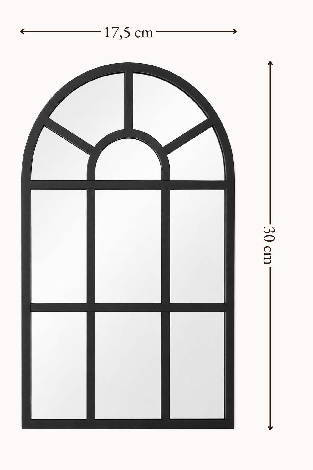 Photo pleine cadre de la petite fenêtre vitrail noire, style arrondi, pour référence des dimensions (17,5×30 cm)