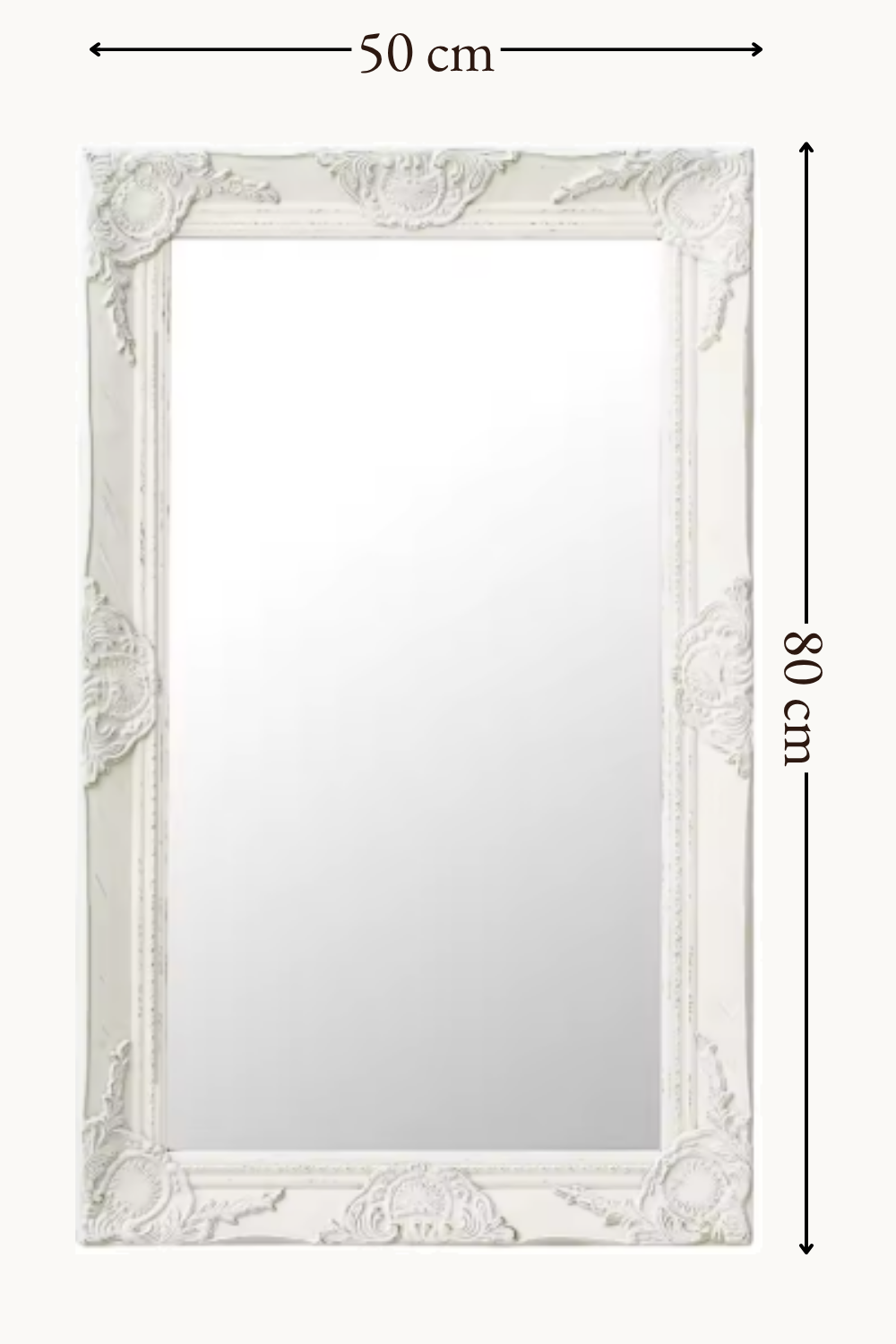 Grand miroir baroque, blanc patiné 50×80 cm. Photo 6 sur 7.