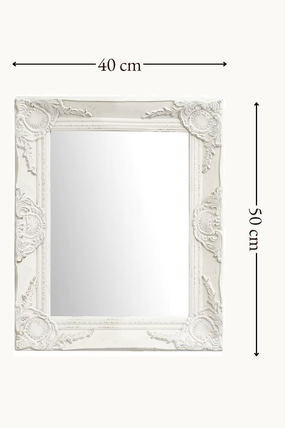 Miroir baroque, blanc patiné 50×40 cm. Installé dans un intérieur habité.