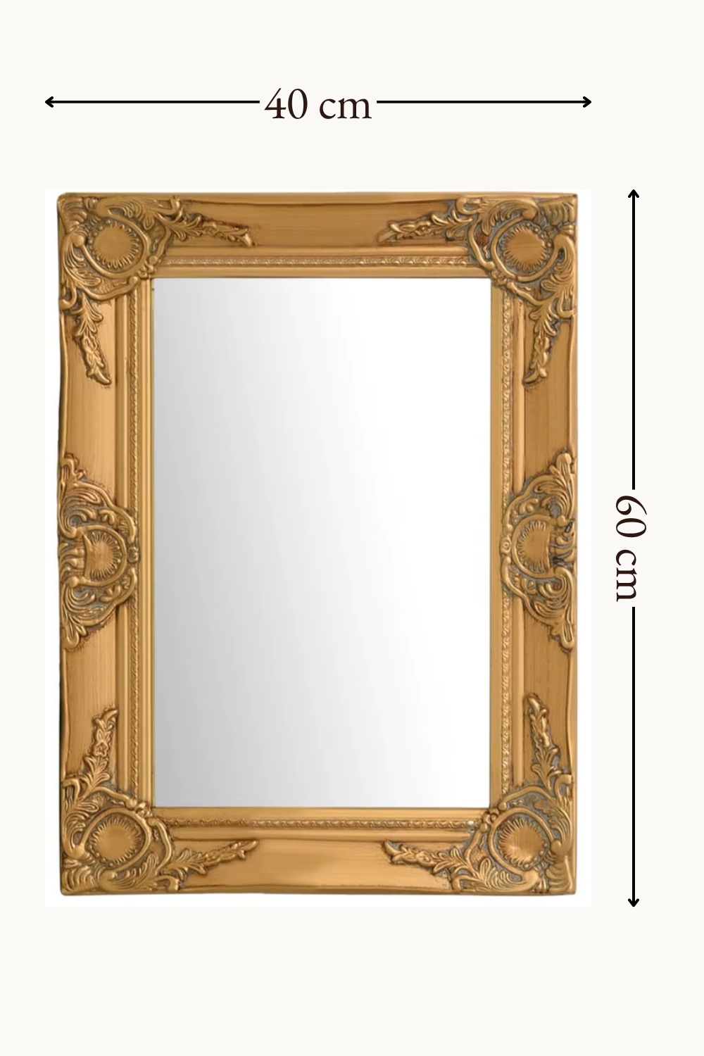 Miroir baroque doré, 60×40 cm. Installé dans un intérieur habité.