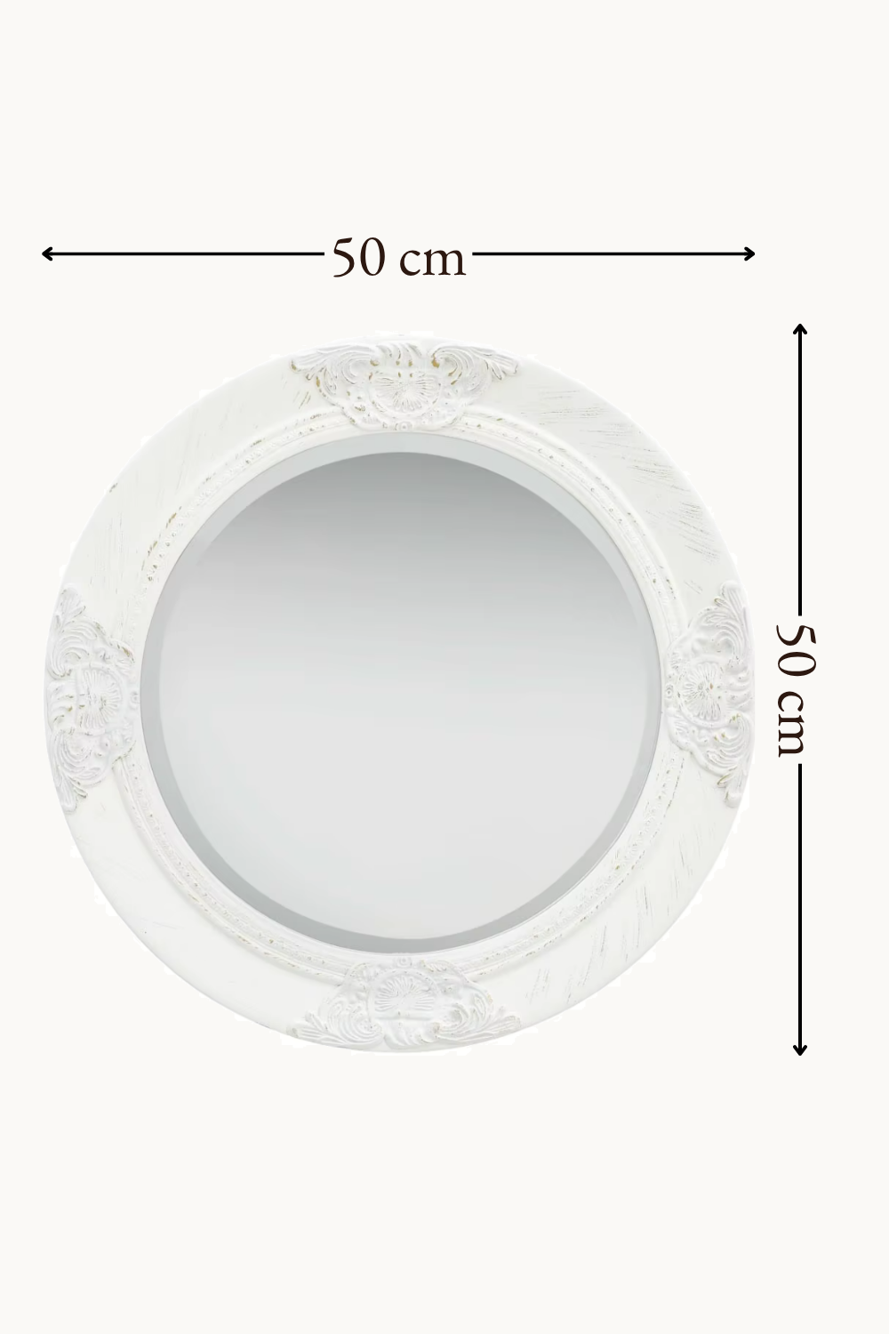 Miroir rond baroque, ⌀50 cm. Installé dans un intérieur habité.
