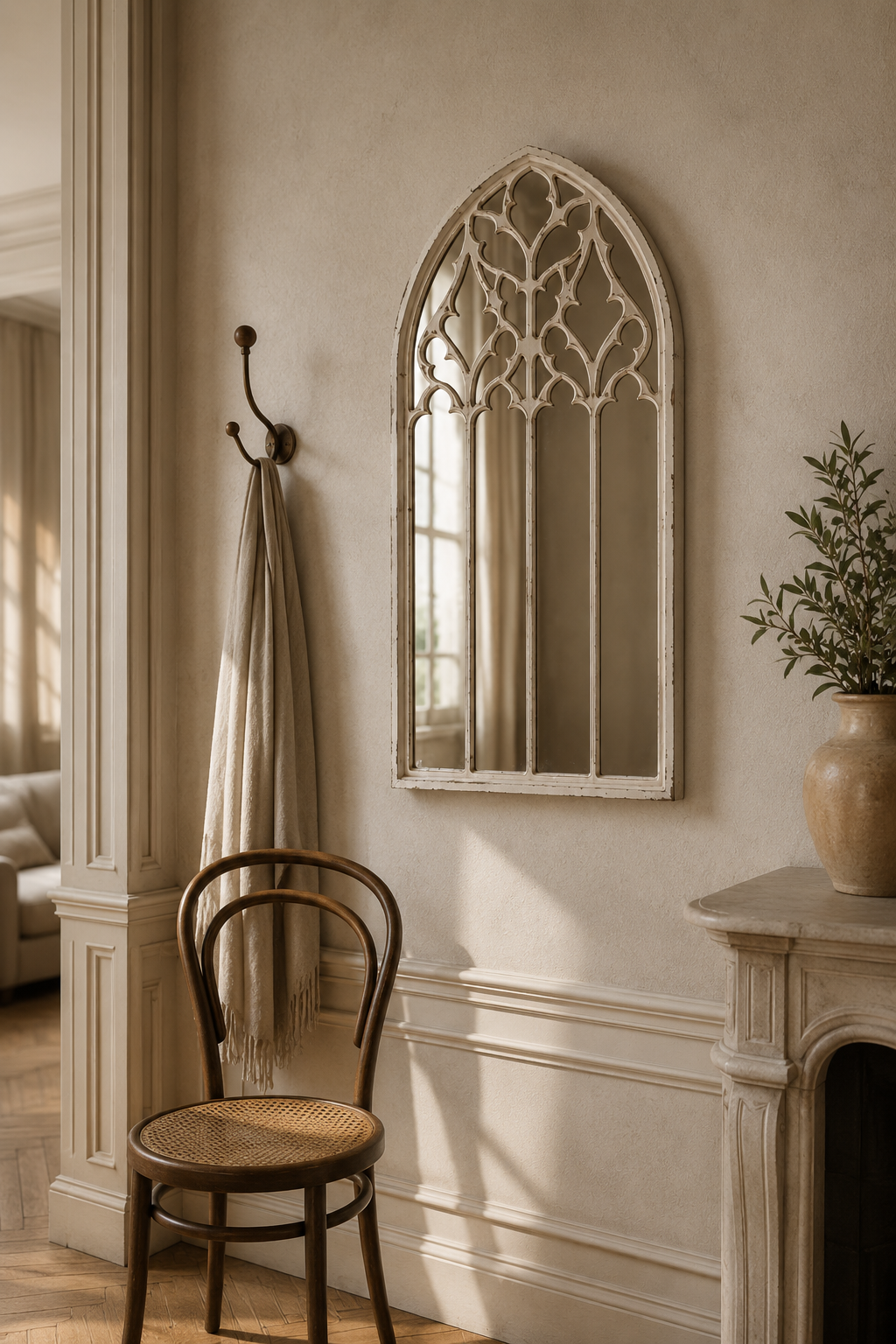 Miroir fenêtre blanc vintage, 40×80 cm. Présenté avec un objet de référence pour l'échelle.