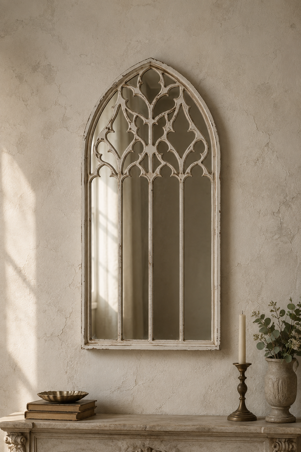 Miroir fenêtre blanc vintage, 40×80 cm. Vue d'ensemble.